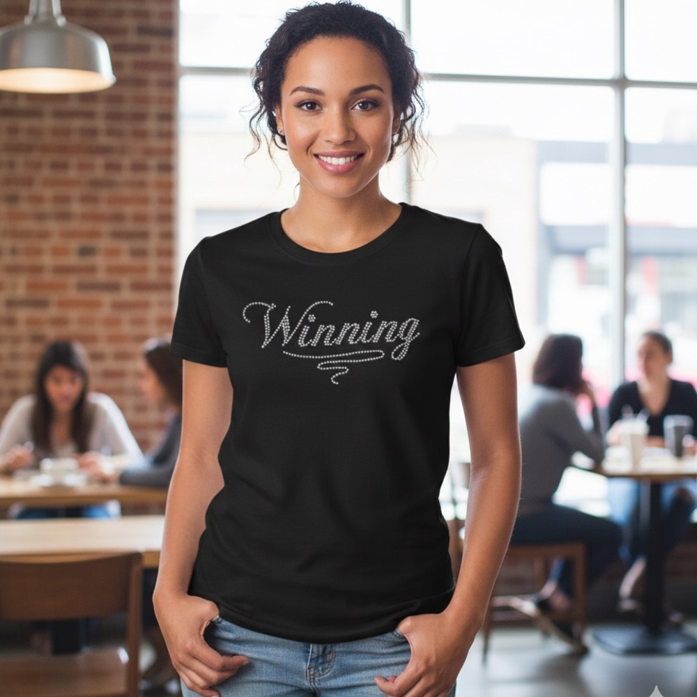 Ladies cut black Gildan tee w/ "Winning" graphic